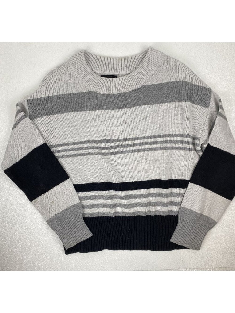 Lucky Brand Women Small Grandpa Core Comfy Black Gray Oversized Striped Sweater